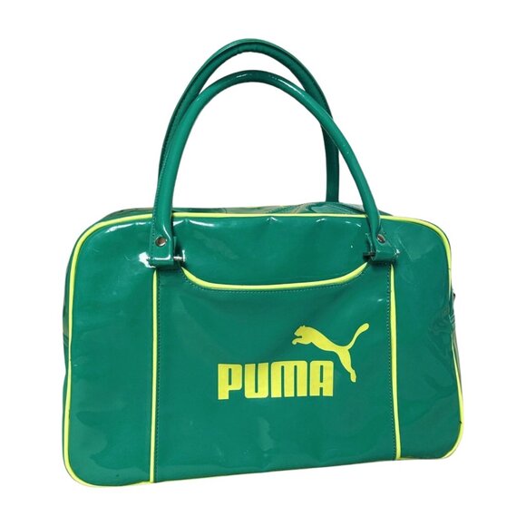 Puma Green Patent Tote Bag | Retro Y2K Gym Duffel Purse with Yellow Trim & Logo - Picture 1 of 9